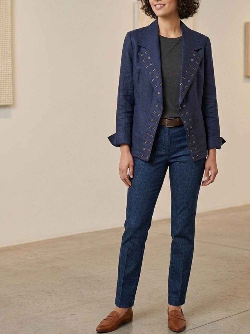 Linda Allard Ellen Tracy Linen Jacket 4 Vintage 90s Navy Industrial Chic Career